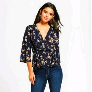 Xhiliration Floral Wrap Top Size L